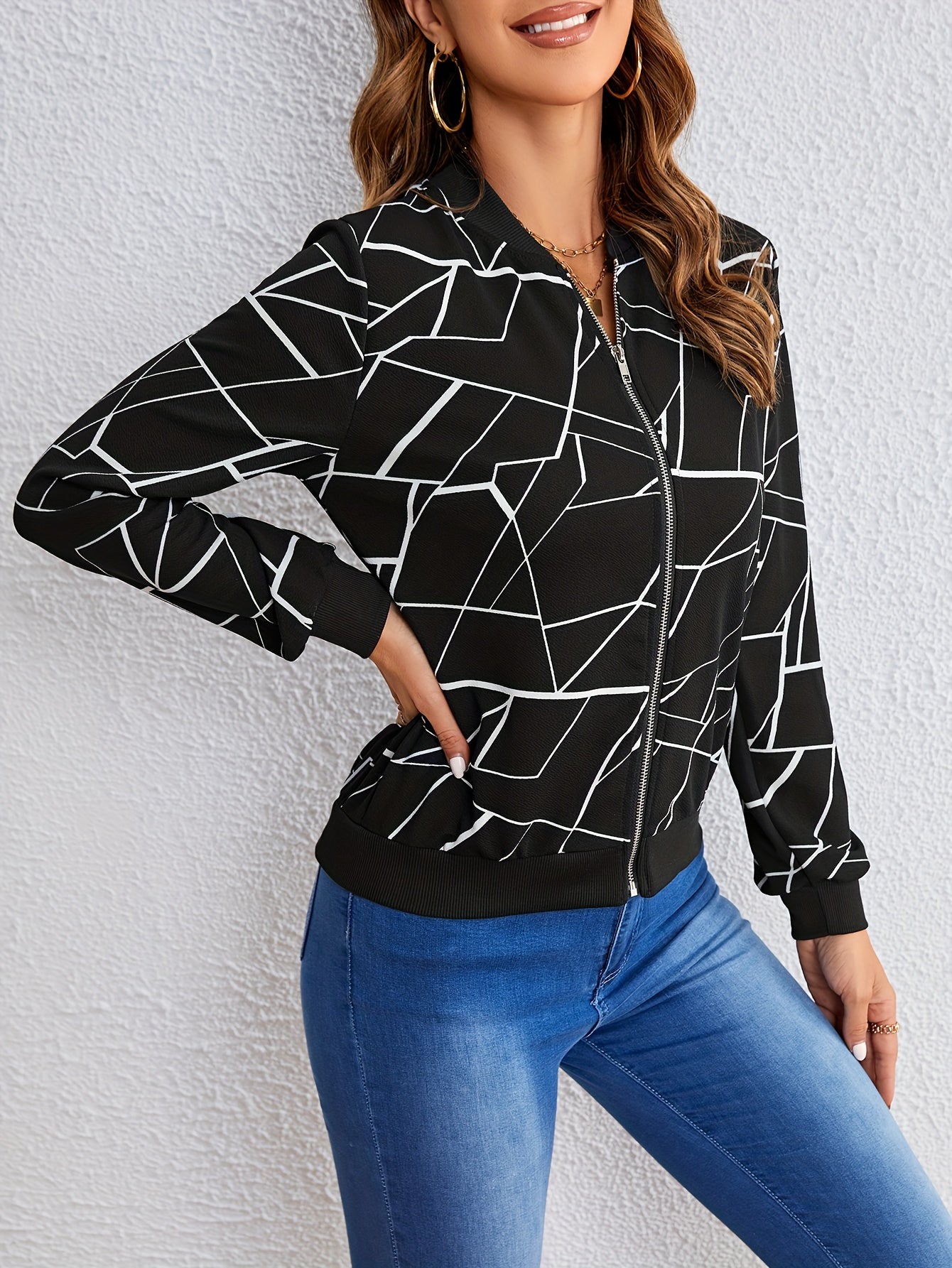 Evalaine™ | Geometrische Zipperjacke für Damen - Schwarz (fast ausverkauft) / S