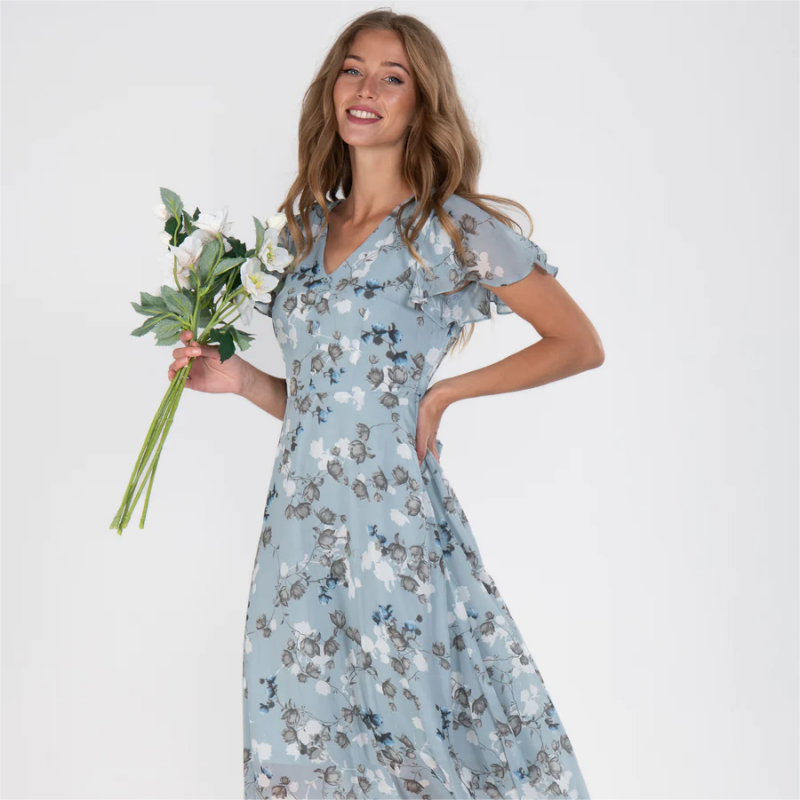 Tiera | Maxikleid mit geblümten Flatterärmeln aus Chiffon