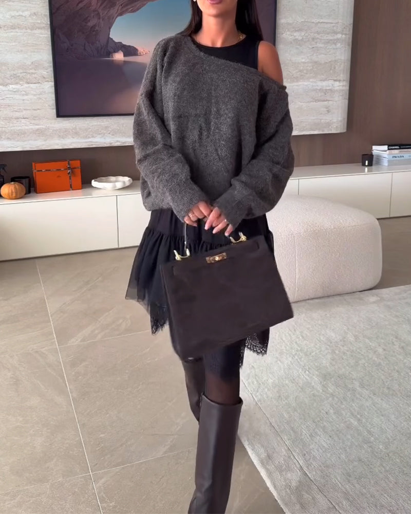 Clarine | Fashion-Set mit schulterfreiem Strickoberteil und Kleid mit Spitzendetails