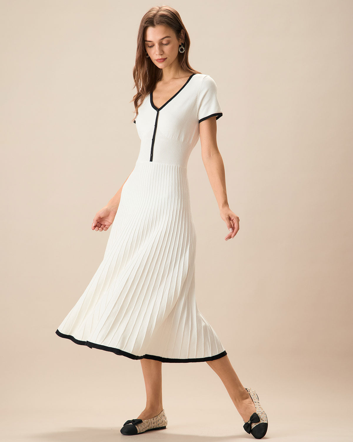 Celine | Weißes Strick-Midikleid mit Kontrast