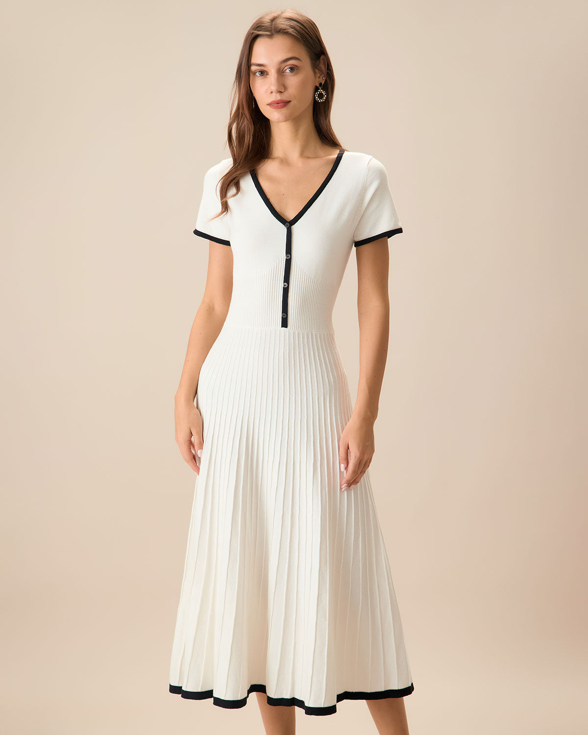 Celine | Weißes Strick-Midikleid mit Kontrast