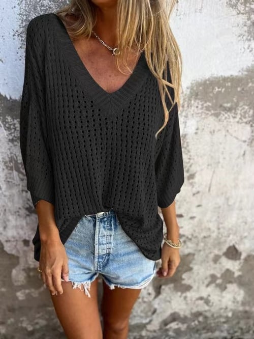Patrice | Lässiges Strickoberteil mit V-Ausschnitt und hohlem Muster