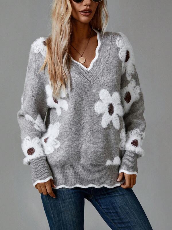 Xarina | V-Ausschnitt-Pullover mit Blumenmuster