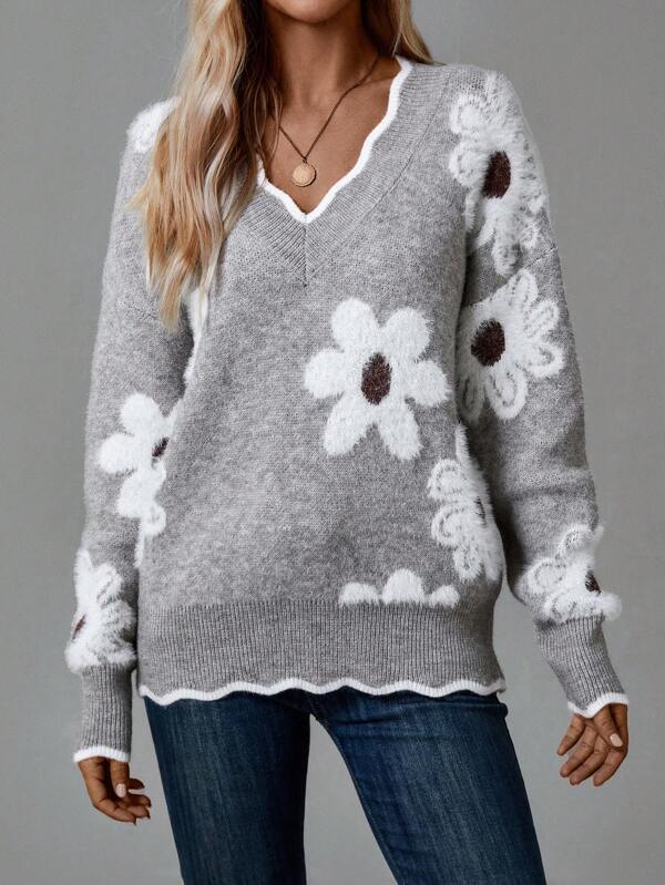 Xarina | V-Ausschnitt-Pullover mit Blumenmuster