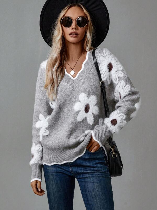 Xarina | V-Ausschnitt-Pullover mit Blumenmuster