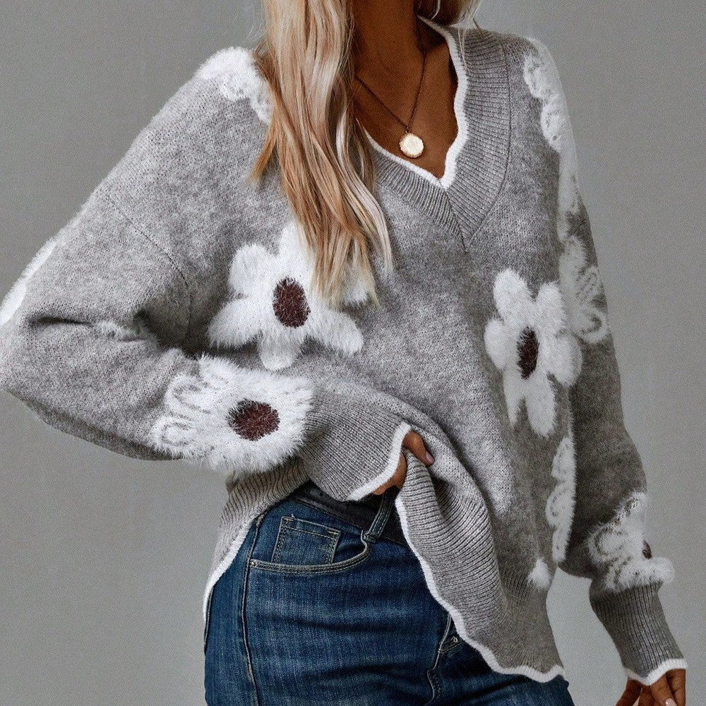 Xarina | V-Ausschnitt-Pullover mit Blumenmuster