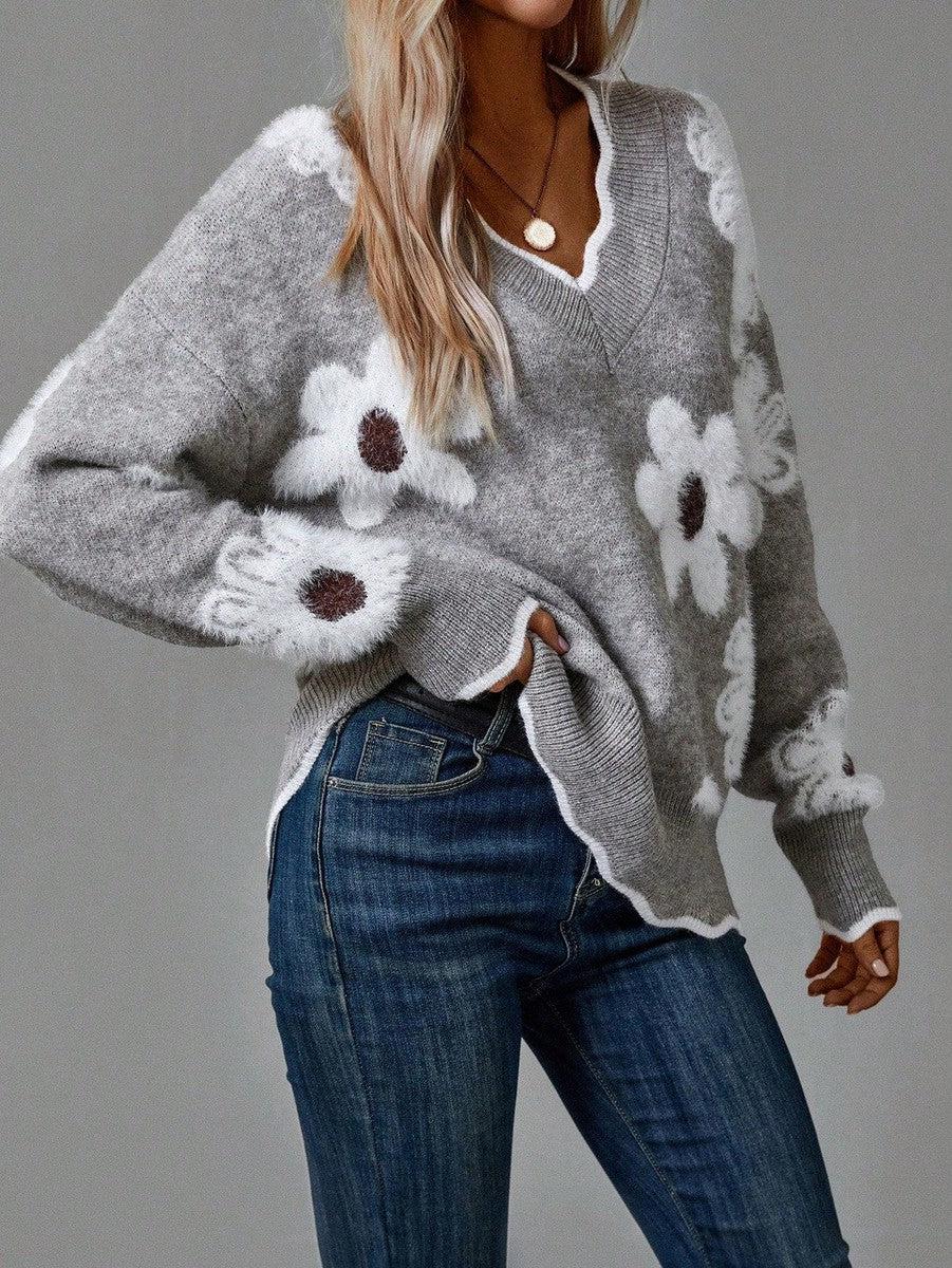 Xarina | V-Ausschnitt-Pullover mit Blumenmuster