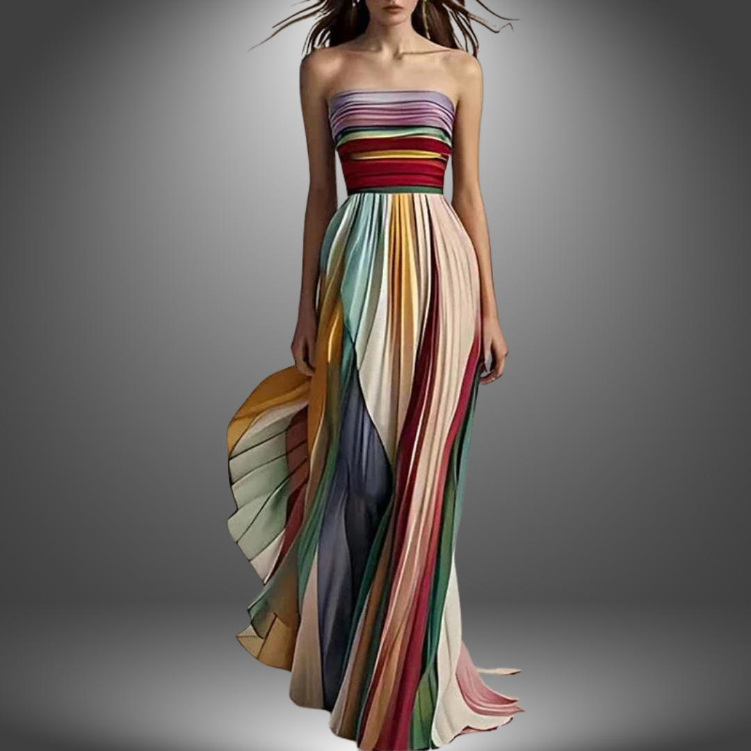 Whitny | Regenbogenfarben gestreiftes trägerloses Maxikleid mit fließenden Falten