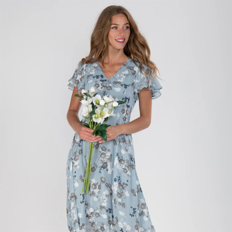 Tiera | Maxikleid mit geblümten Flatterärmeln aus Chiffon