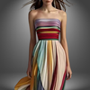 Whitny | Regenbogenfarben gestreiftes trägerloses Maxikleid mit fließenden Falten