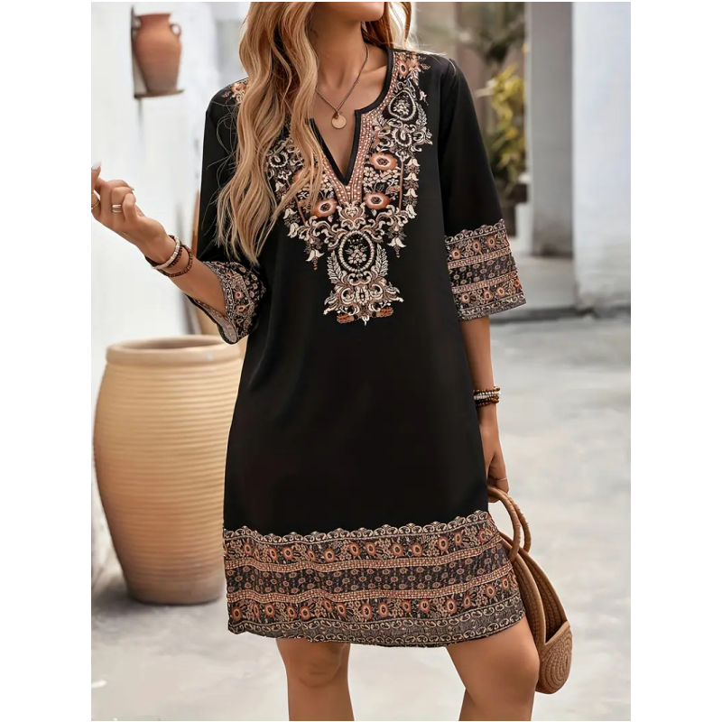 Eleanor | modisches Kleid, femininer V-Ausschnitt, trendiger Print.