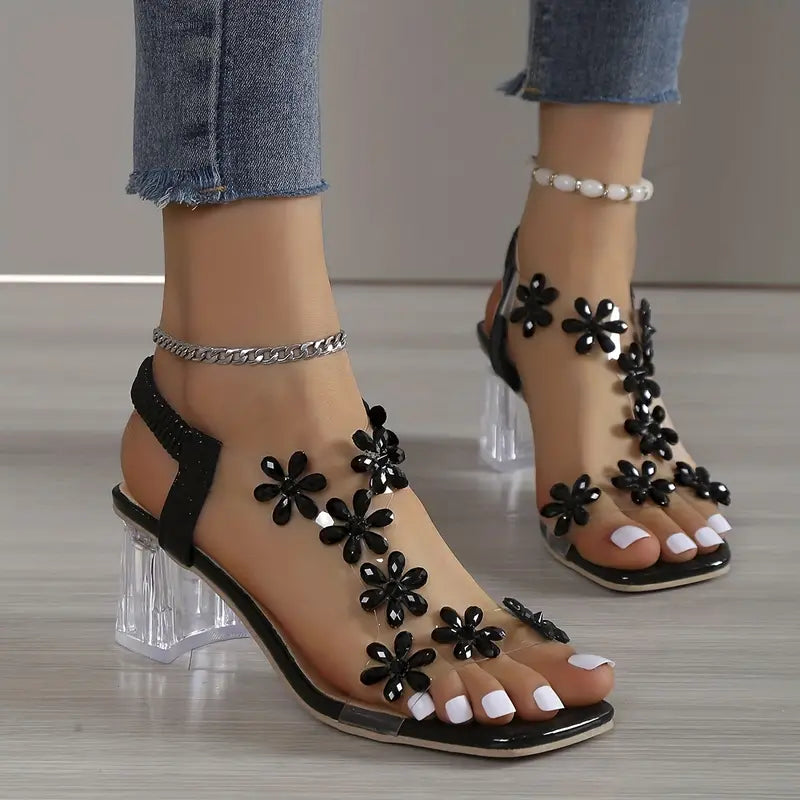 Rose | Damen Sandalen mit Blockabsatz und floralen Kristallen