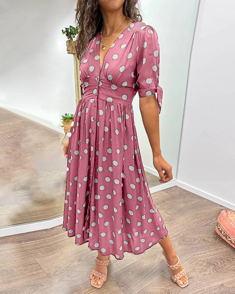 Hilda | Feminines gepunktetes Kleid mit tiefem V-Ausschnitt