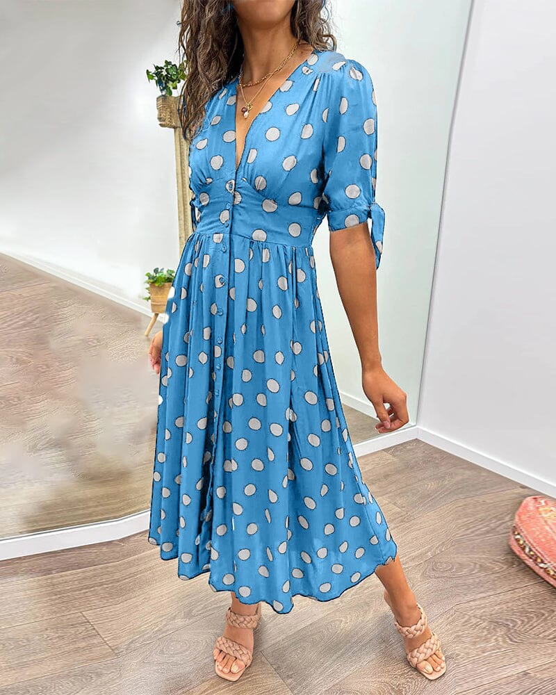 Hilda | Feminines gepunktetes Kleid mit tiefem V-Ausschnitt