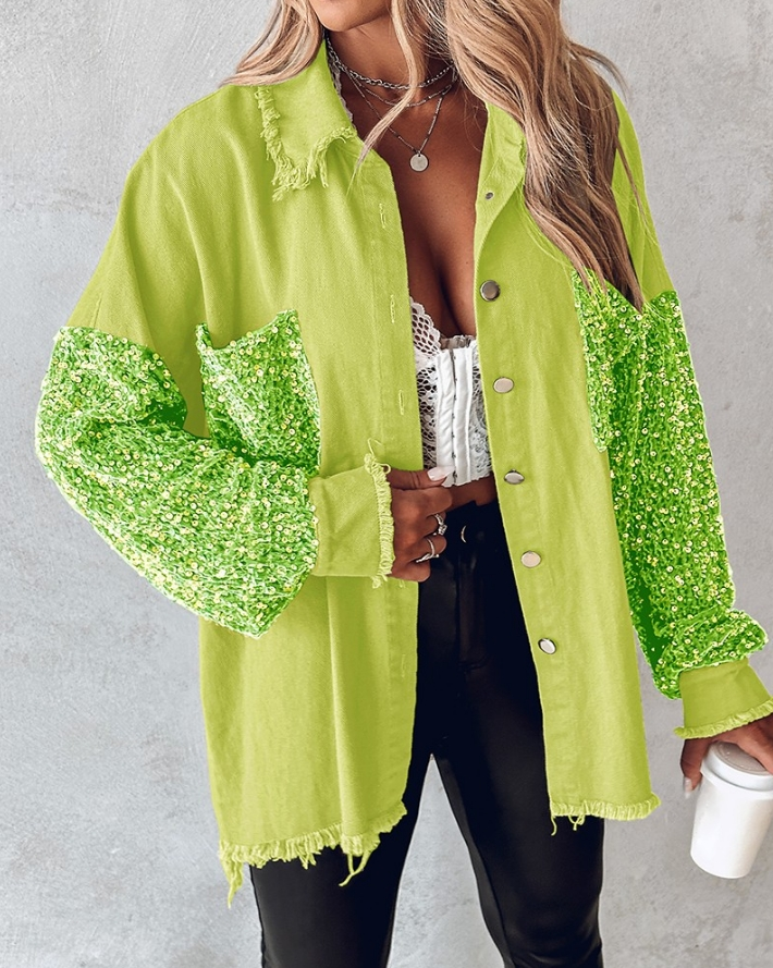 Leslie | Langärmelige Jacke mit kontrastierenden Pailletten - Jacket - Gelb-Grün / S