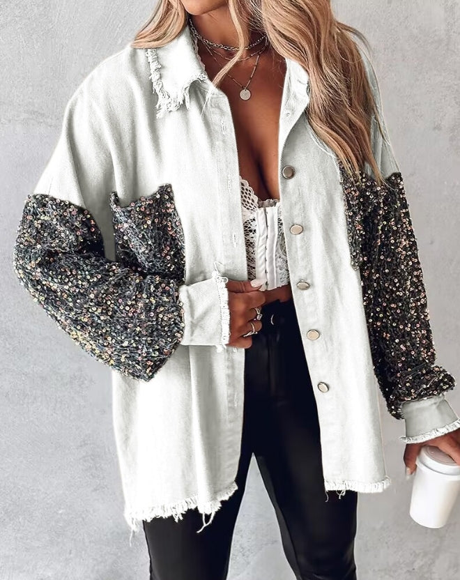 Leslie | Langärmelige Jacke mit kontrastierenden Pailletten - Jacket - Weiß / S