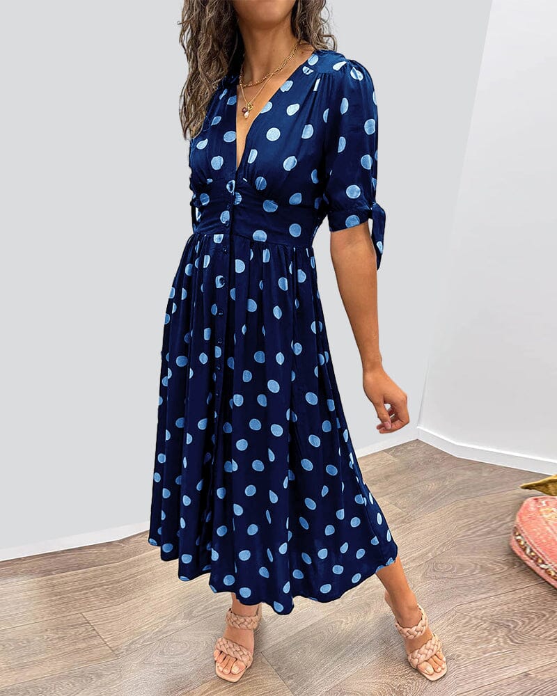 Hilda | Feminines gepunktetes Kleid mit tiefem V-Ausschnitt