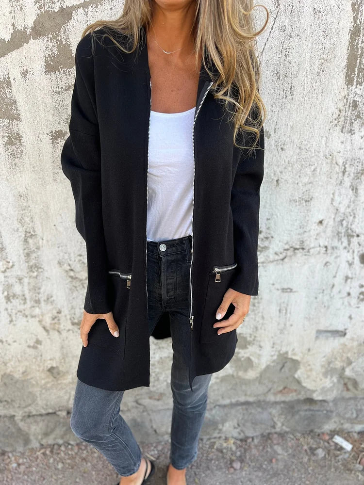 Ida | Rundhals-Reißverschluss Langarm Freizeitjacke - Schwarz / S
