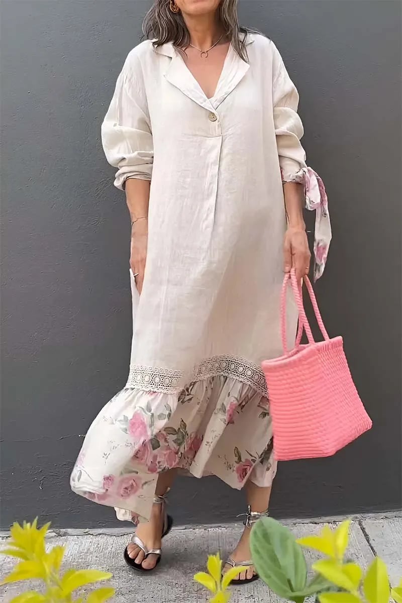 Eliz | Kleid aus Baumwolle und Leinen mit Patchwork-Spitzenmuster