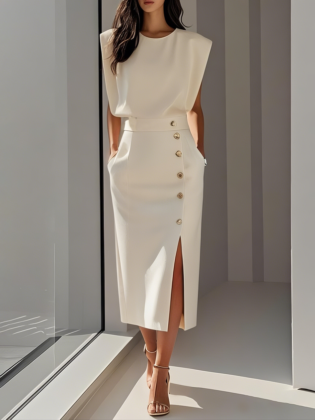 Nice | Einfarbiges Midikleid mit Knopfleiste
