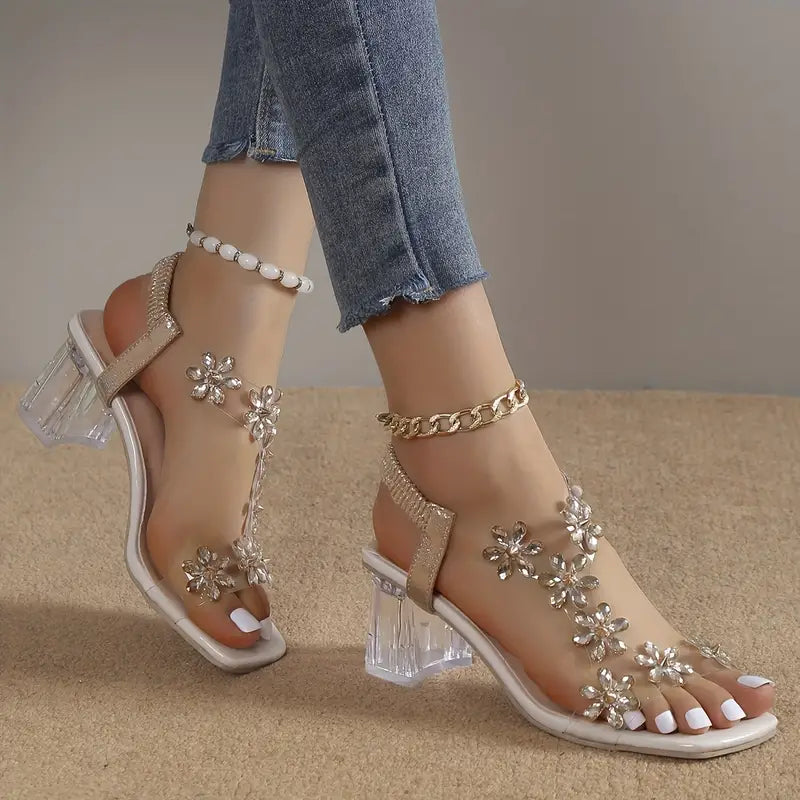 Rose | Damen Sandalen mit Blockabsatz und floralen Kristallen