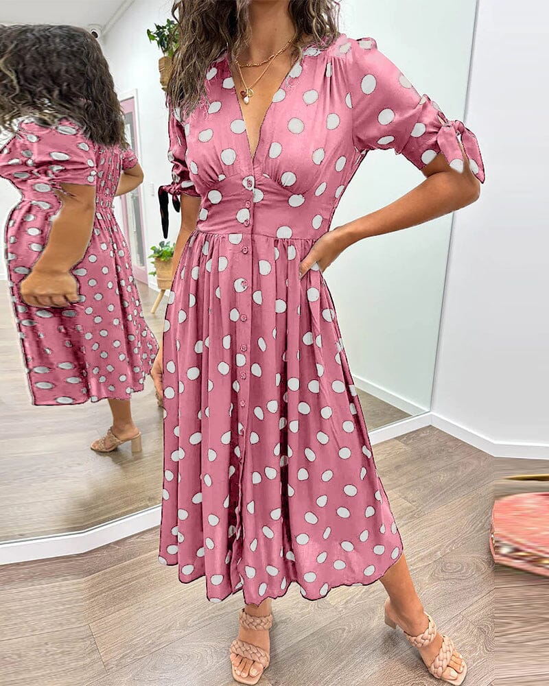 Hilda | Feminines gepunktetes Kleid mit tiefem V-Ausschnitt