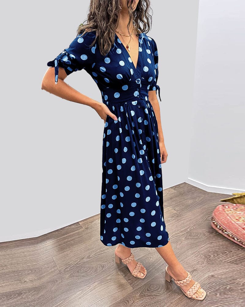 Hilda | Feminines gepunktetes Kleid mit tiefem V-Ausschnitt