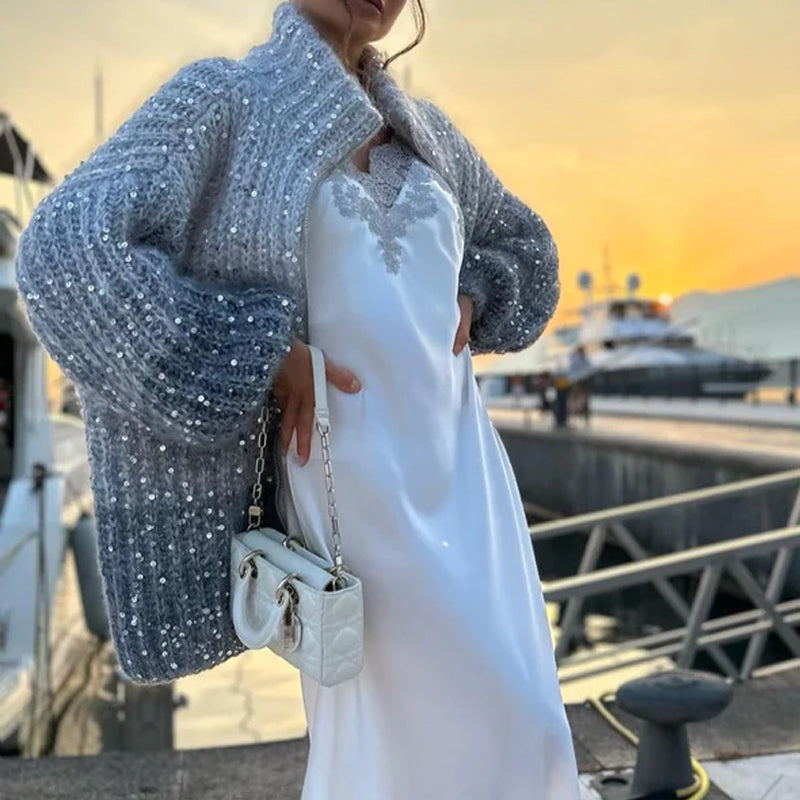 MaraKnit™ | Strickjacke mit Glitzerpailletten - beige / S