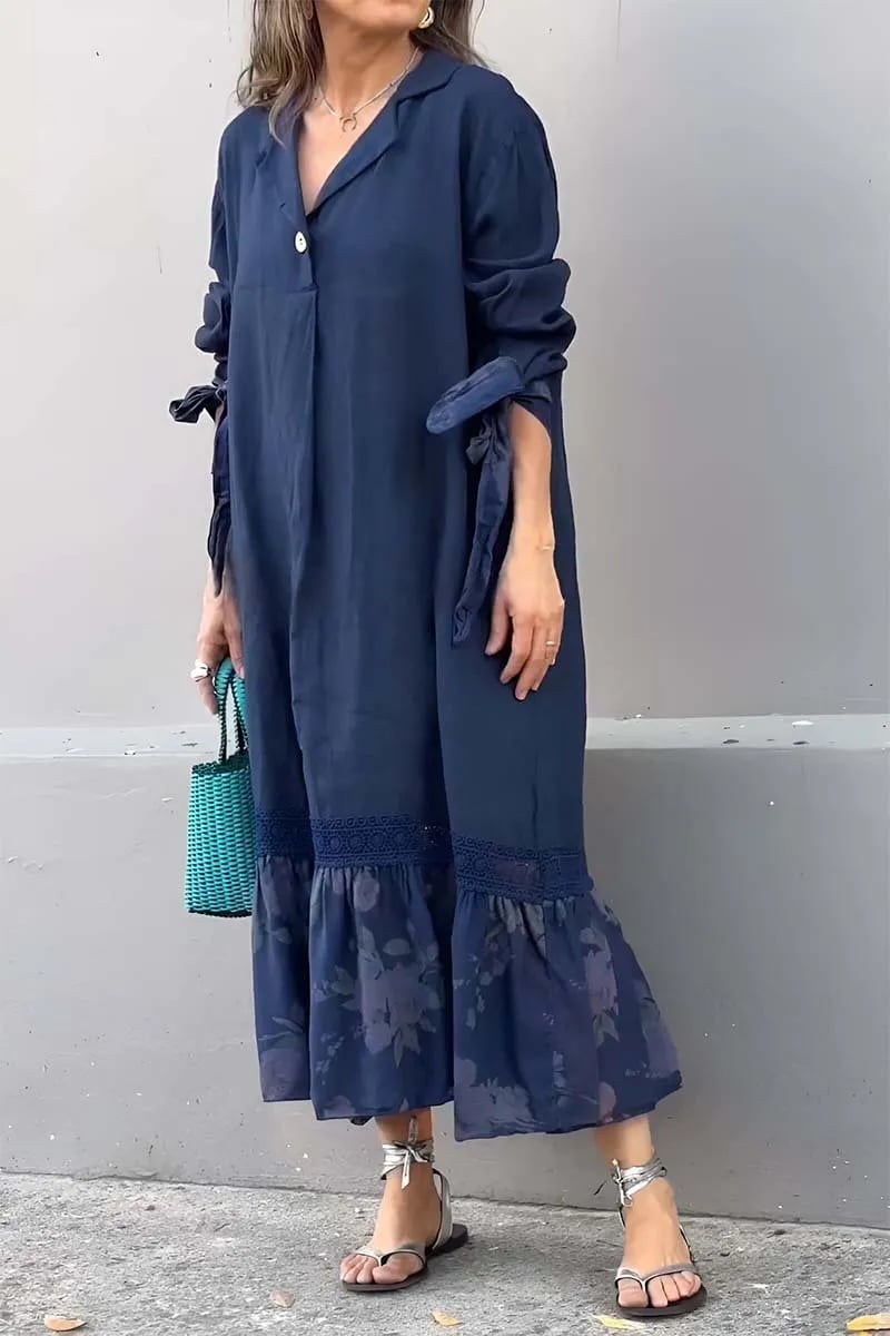Eliz | Kleid aus Baumwolle und Leinen mit Patchwork-Spitzenmuster