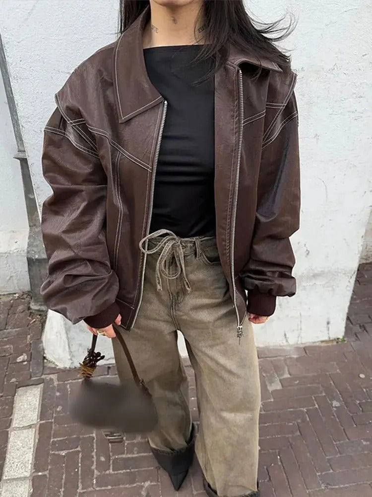 Kelsey | Oversized Lederjacke mit Reißverschluss