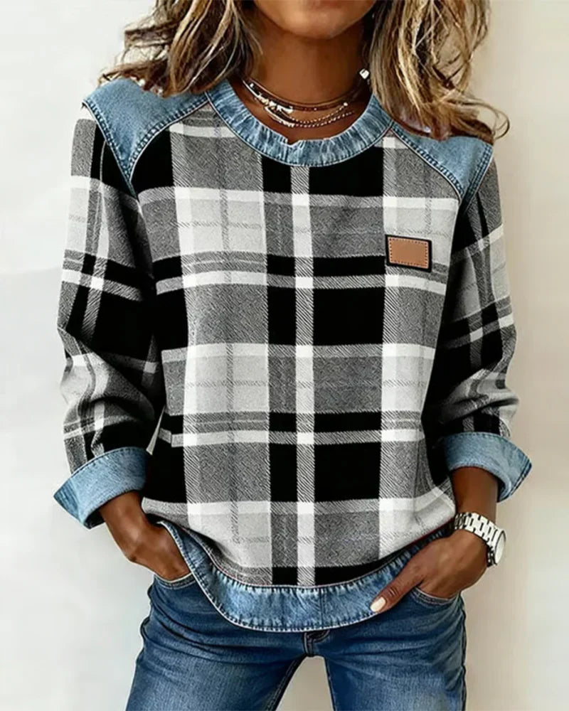 Roselinn | Trendiger Karo-Pullover im Denim-Patchwork-Stil