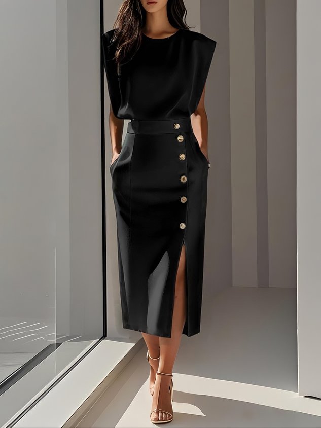 Nice | Einfarbiges Midikleid mit Knopfleiste