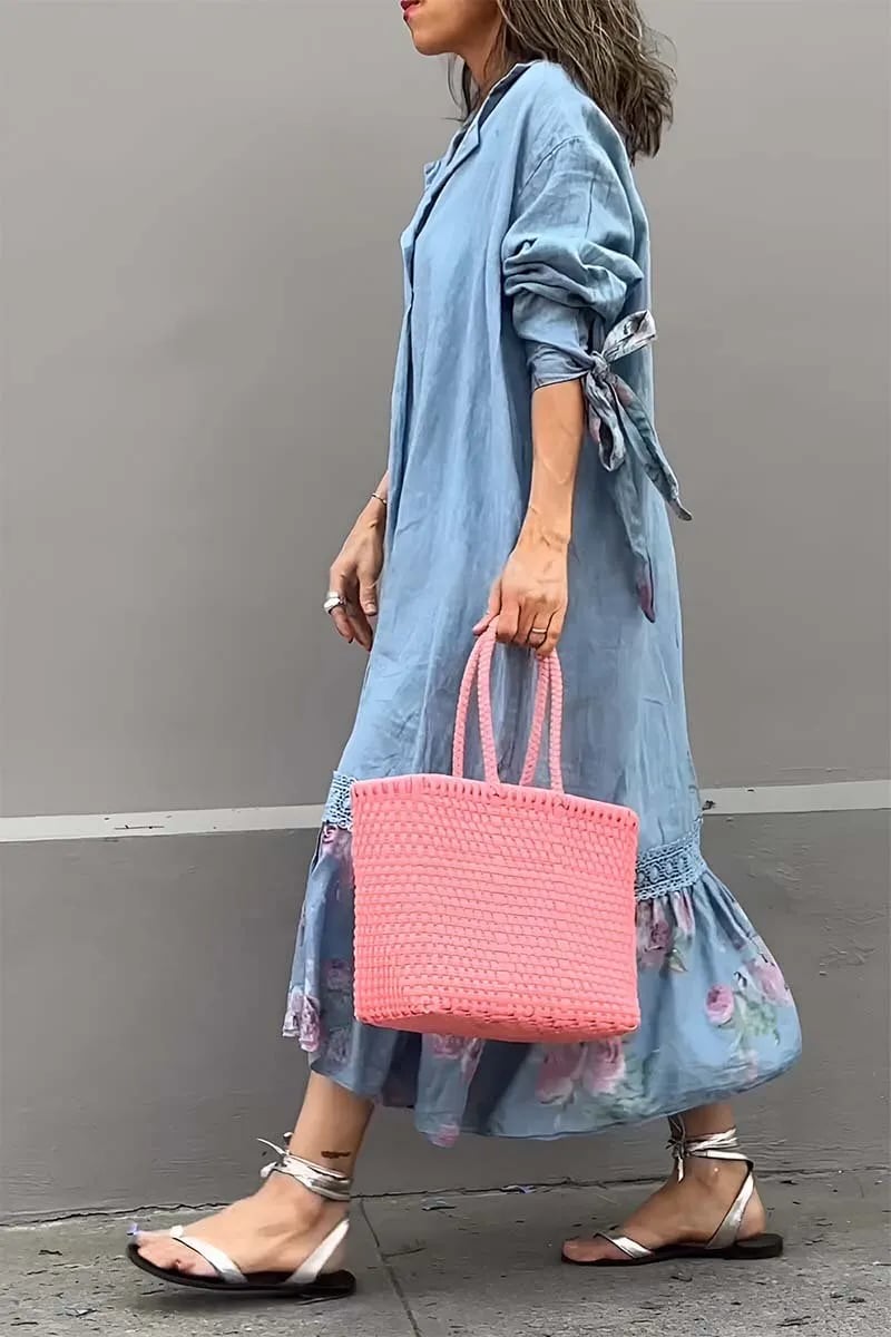 Eliz | Kleid aus Baumwolle und Leinen mit Patchwork-Spitzenmuster