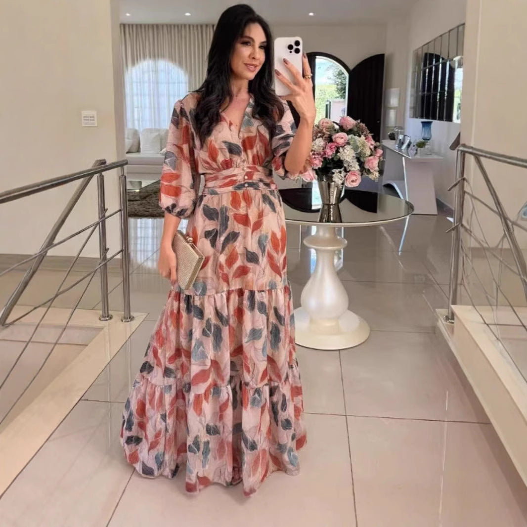 Xeren | Maxikleid mit V-Ausschnitt und voluminösen Ärmeln