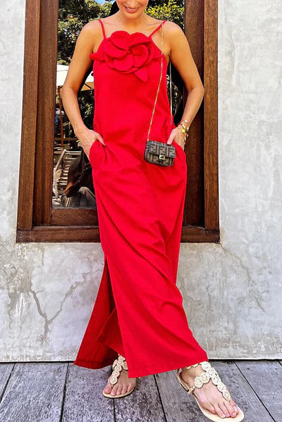 Qincy | Spaghetti-Träger Kleid mit 3D-Blume