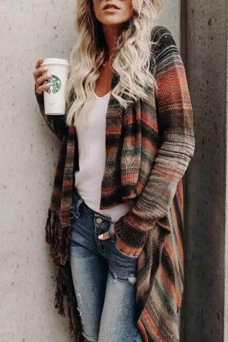 Evialy | Lockerer Strickmantel mit Fransen und Streifenmuster