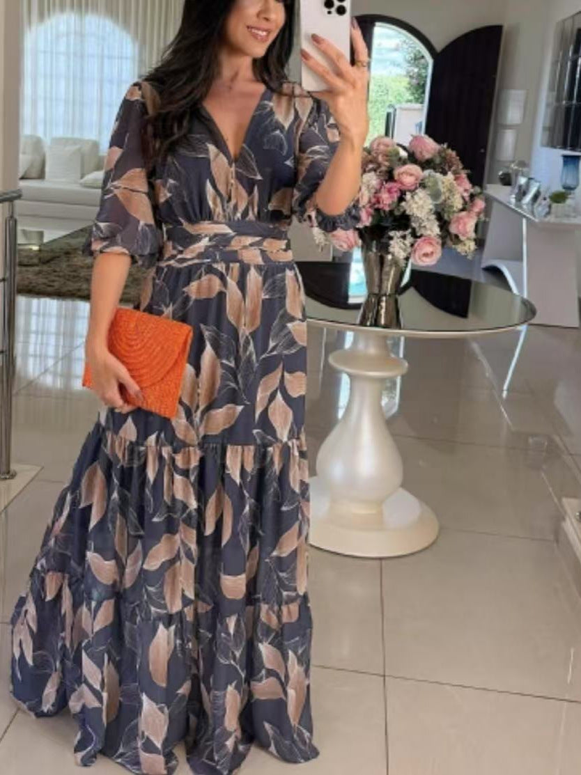 Xeren | Maxikleid mit V-Ausschnitt und voluminösen Ärmeln