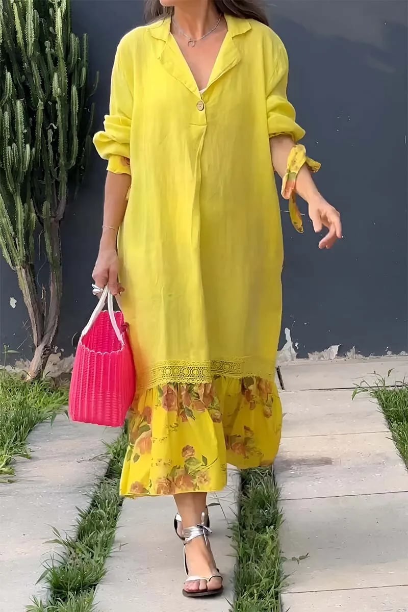 Eliz | Kleid aus Baumwolle und Leinen mit Patchwork-Spitzenmuster