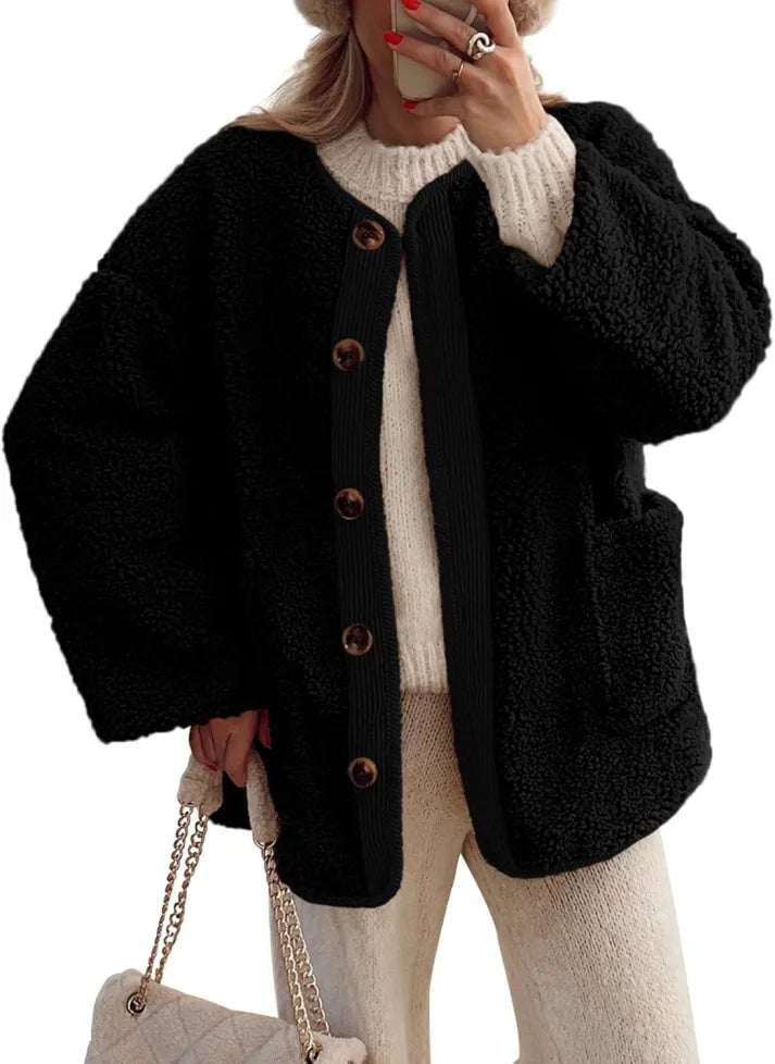 Jessa™ | Damen Warme Winterjacken - Lässige Langarm Button-up Fleecejacke aus Sherpa
