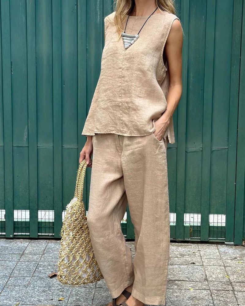 Saige | Ärmelloses Set und Hose aus Baumwolle und Leinen
