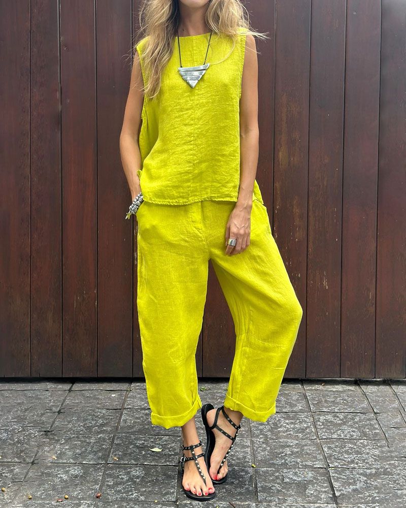 Saige | Ärmelloses Set und Hose aus Baumwolle und Leinen