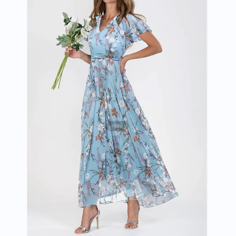 Tiera | Maxikleid mit geblümten Flatterärmeln aus Chiffon