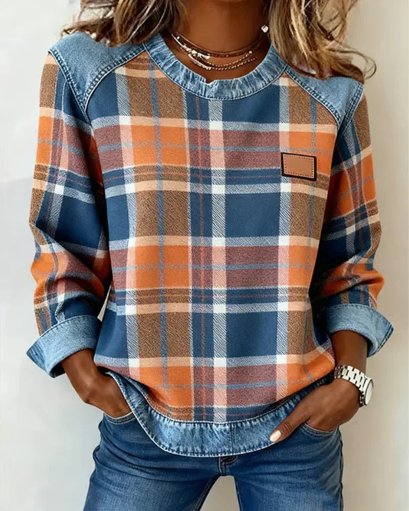 Roselinn | Trendiger Karo-Pullover im Denim-Patchwork-Stil
