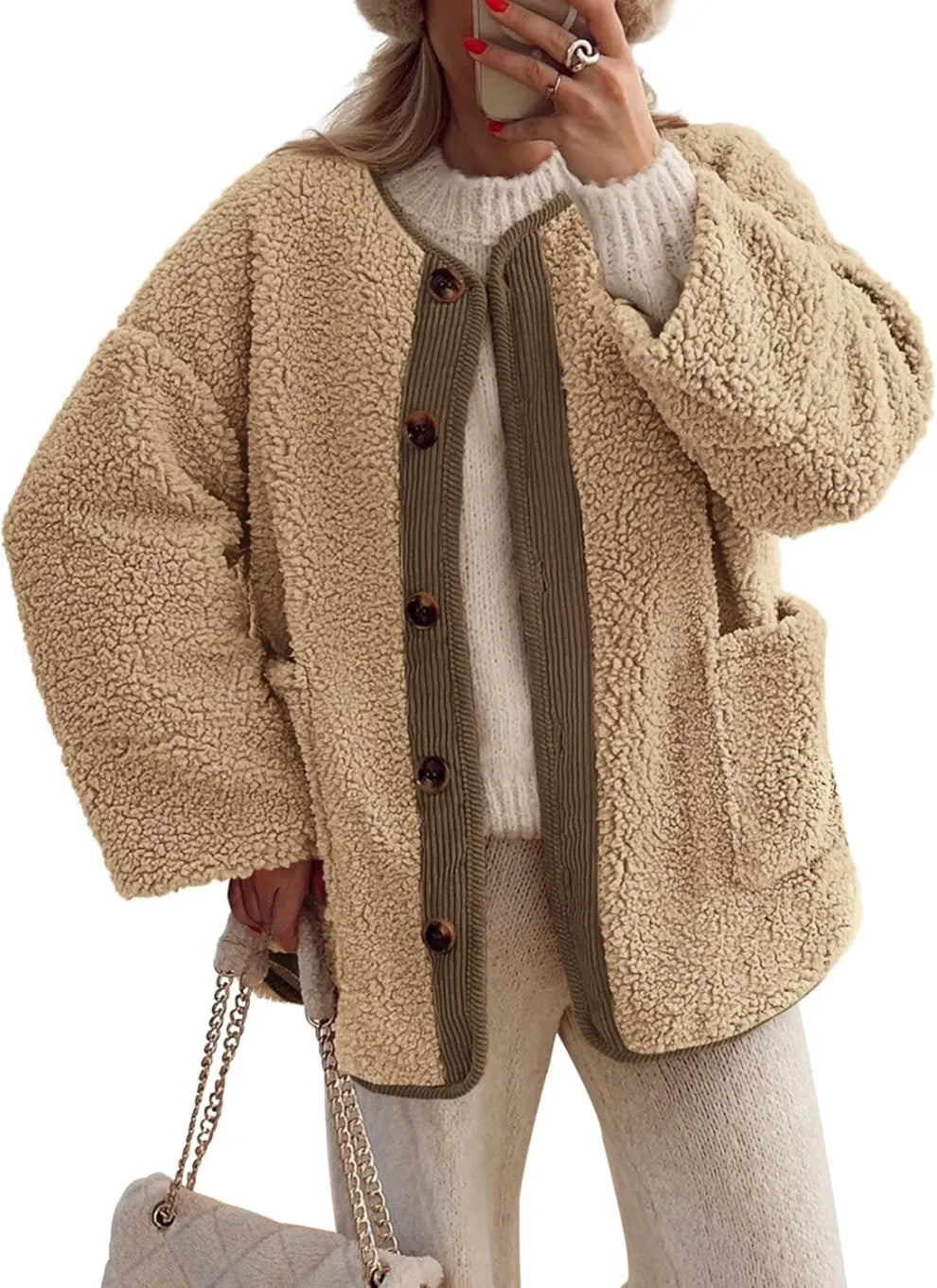 Jessa™ | Damen Warme Winterjacken - Lässige Langarm Button-up Fleecejacke aus Sherpa