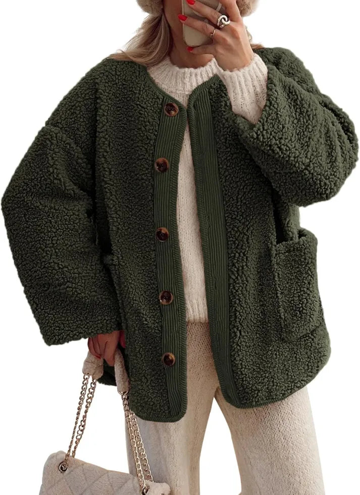 Jessa™ | Damen Warme Winterjacken - Lässige Langarm Button-up Fleecejacke aus Sherpa
