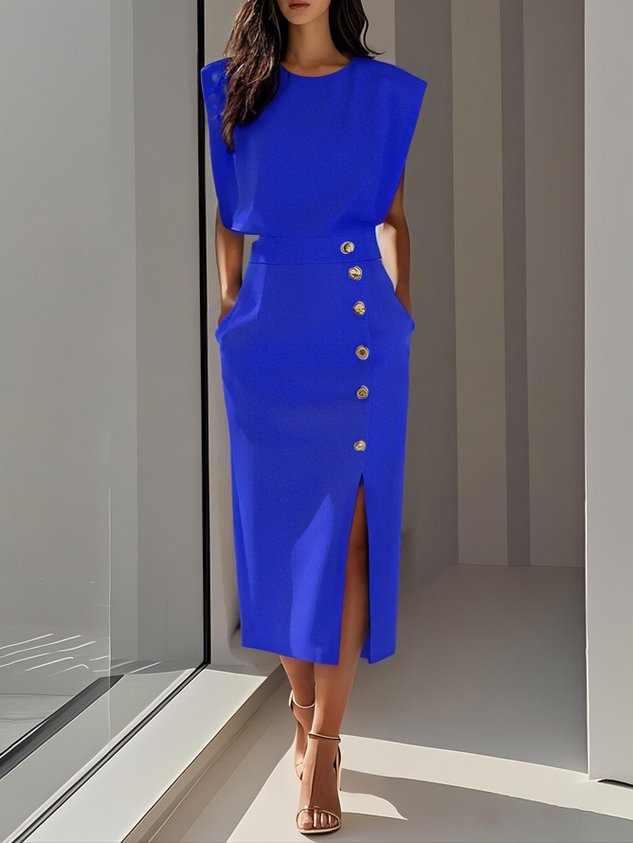 Nice | Einfarbiges Midikleid mit Knopfleiste