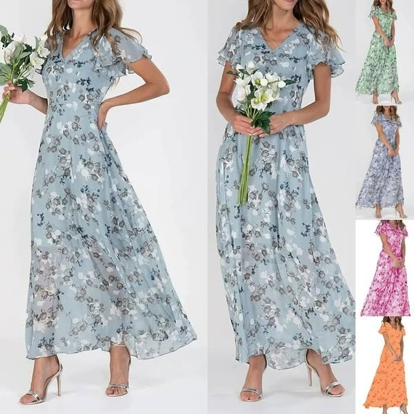 Tiera | Maxikleid mit geblümten Flatterärmeln aus Chiffon