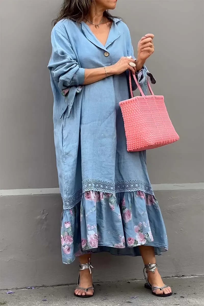 Eliz | Kleid aus Baumwolle und Leinen mit Patchwork-Spitzenmuster