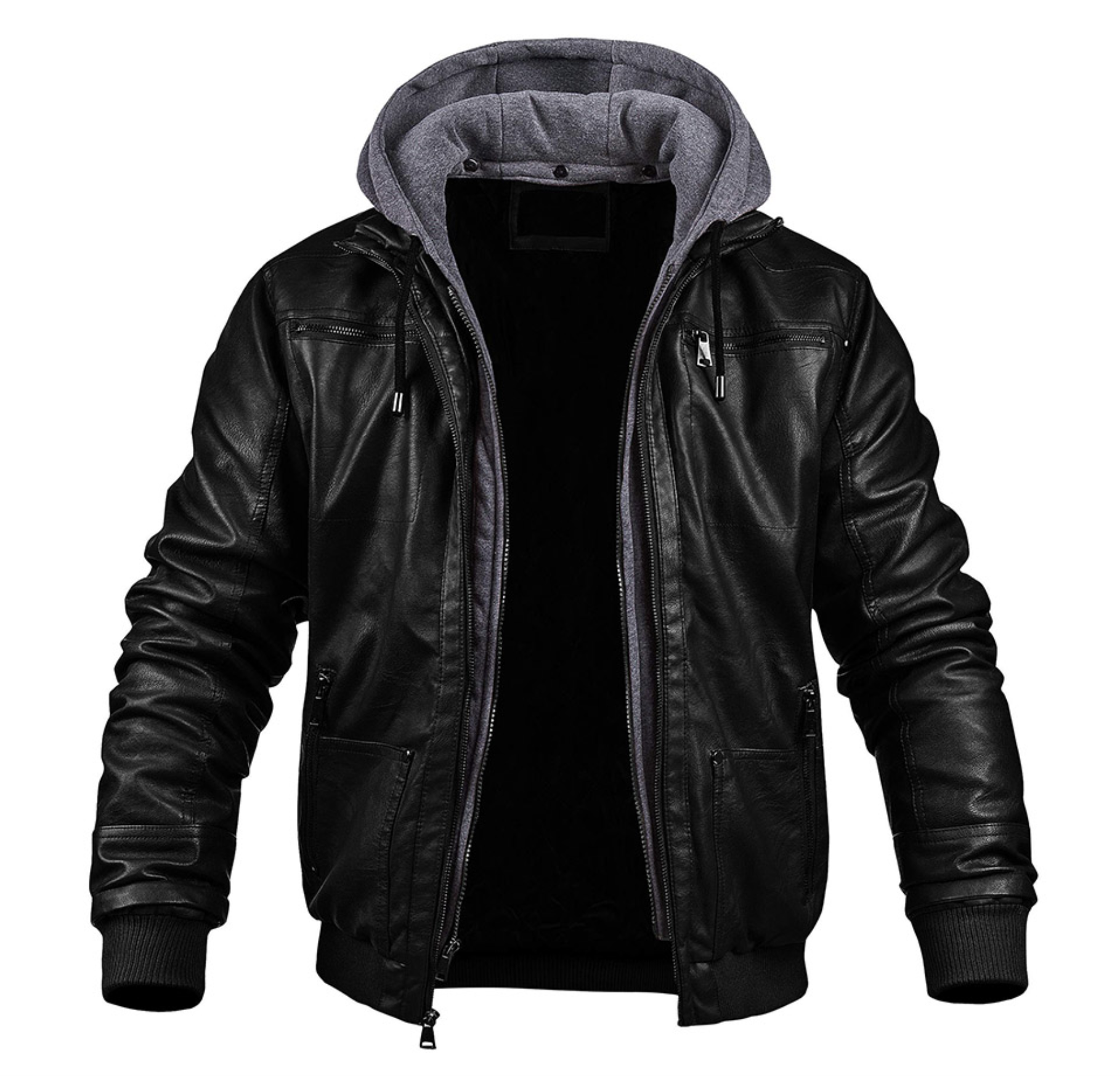 Marlon™ – Klassische Leder-Winterjacke - Hoodie - Schwarz / S