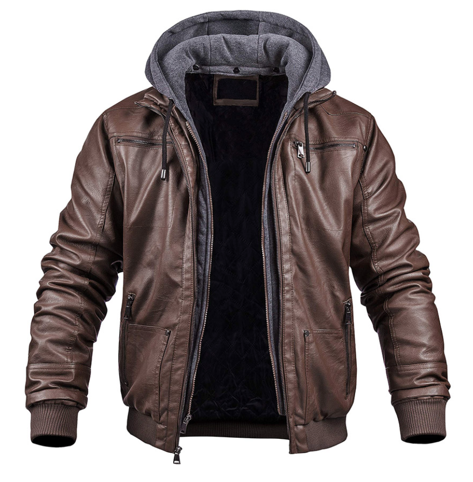 Marlon™ – Klassische Leder-Winterjacke - Hoodie - Braun / 3XL
